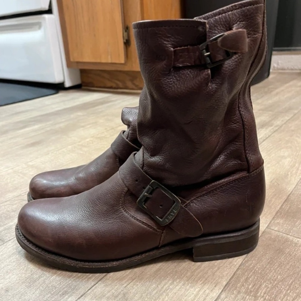 Frye Dark Brown Leather Moto Boots with Buckle Detail